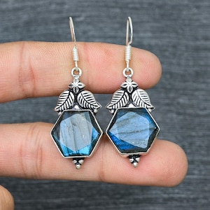 Handmade Hexagon Labradorite Earrings: 925 Sterling Silver Dangle Earrings