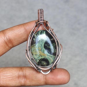 Handmade Kambaba Jasper Pendant: Copper Wire Wrapped Boho Jewelry
