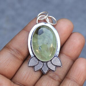 Handmade Oval Prehnite Pendant: 925 Sterling Silver Jewelry
