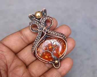 Handmade Copper Wire Tree of Life Baltic Amber Pendant