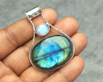 Gorgeous 925 Starling Silver Pendant Blue Multi Fire Labradorite Gemstone Moonstone Evil Eye  Pendant Valentine Gift Pendant Handicraft