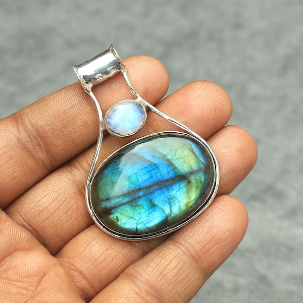 Labradorite Moonstone 925 Sterling Silver Pendant - Handmade Evil Eye Design