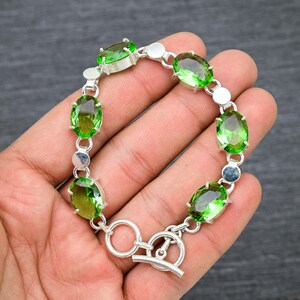 Pulsera de peridoto facetado hecha a mano: plata de ley 925, 8 pulgadas