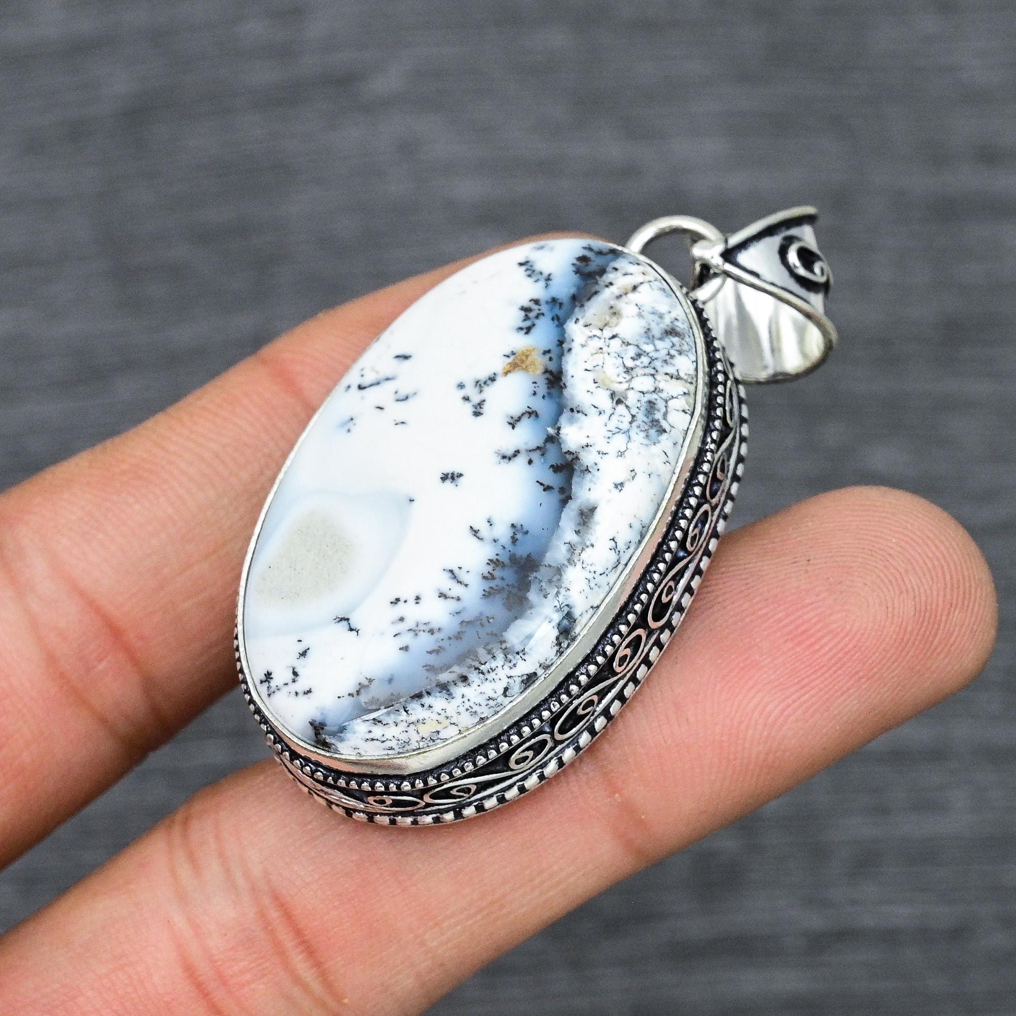 Handmade Dendrite Opal Pendant: Oval 925 Sterling Silver Jewelry