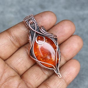 Handmade Copper Wire Wrap Pendant: Baltic Amber Gemstone Boho Jewelry