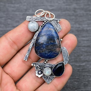 Gorgeous Sodalite Moonstone Gemstone 925 Starling Silver Pendant Jewelry Pendant Christmas Gift Pendant Oxidize Handwork Pendant For Gift