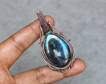 Handmade Copper Wire Wrapped Chrysocolla Pendant - Boho Gemstone Jewelry