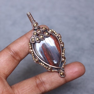 Handmade Iron Tiger Eye Pendant: Copper Wire Wrapped Gemstone Boho Jewelry