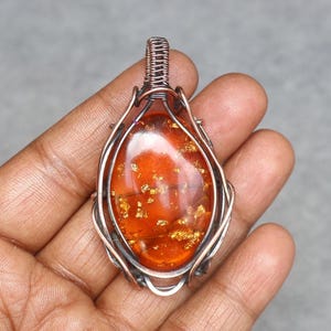 Handmade Copper Wire Wrap Pendant: Baltic Amber Gemstone Boho Jewelry
