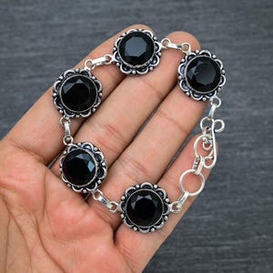 Faceted Black Onyx Bracelet: Handmade 925 Sterling Silver, 8 Inch