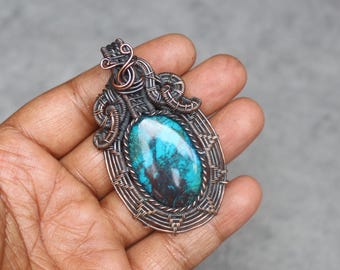 Handmade Copper Wire Wrapped Chrysocolla Pendant - Boho Gemstone Jewelry