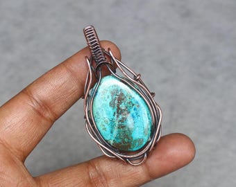 Handmade Copper Wire Wrapped Chrysocolla Pendant - Boho Gemstone Jewelry