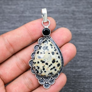 Dalmatian Jasper Pendant: Pear Stone, 925 Sterling Silver, Boho Jewelry