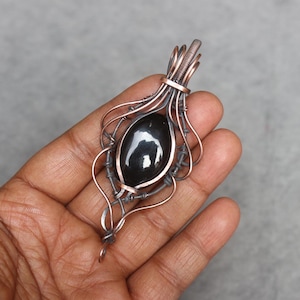 Black Onyx Copper Wire Wrap Pendant: Boho Gemstone Jewelry