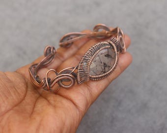 Natural Black Rutile Gemstone Copper Handmade Bangle: Adjustable Bangle Jewelry