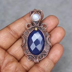 Handmade Copper Wire Wrap Pendant: Moonstone & Sapphire Gemstone Jewelry