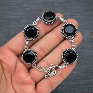 Faceted Black Onyx Bracelet: Handmade 925 Sterling Silver, 8 Inch