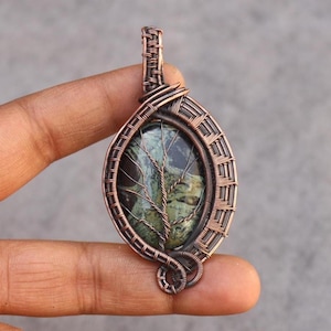 Kambaba Jasper Tree Of Life Pendant: Copper Wire Wrapped Boho Jewelry