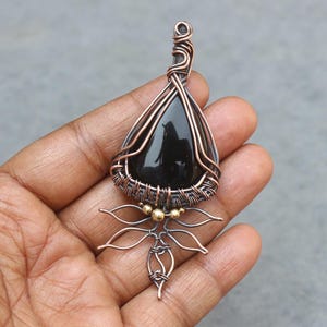 Black Onyx Copper Wire Wrap Pendant: Boho Gemstone Jewelry