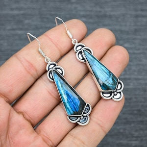 Handmade Triangle Labradorite Earrings: 925 Sterling Silver Dangle Earrings