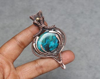 Handmade Copper Wire Wrapped Chrysocolla Pendant - Boho Gemstone Jewelry