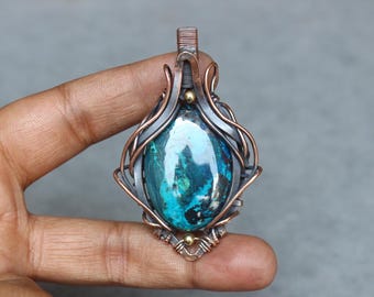 Handmade Copper Wire Wrapped Chrysocolla Pendant: Boho Gemstone Jewelry