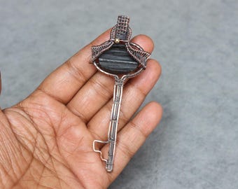 Handmade Copper Wire Wrap Key Pendant: Black Tourmaline Druzy Gemstone