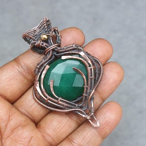 Handmade Copper Wire Wrapped Emerald Pendant: Boho Gemstone Jewelry