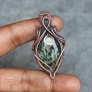 Kambaba Jasper Copper Wire Wrapped Pendant - Handmade Boho Jewelry