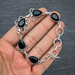 Faceted Black Onyx Bracelet: Handmade 925 Sterling Silver, 8 Inch