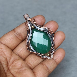 Handmade Emerald Copper Wire Wrap Pendant: Boho Gemstone Jewelry