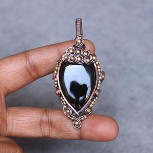 Handmade Black Onyx Copper Wire Wrap Pendant: Boho Gemstone Jewelry
