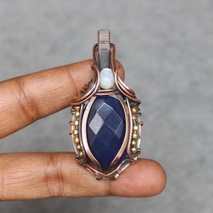Handmade Copper Wire Wrap Pendant: Moonstone Evil Eye & Blue Sapphire