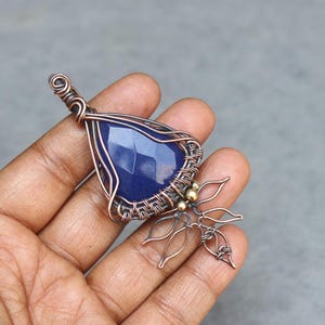 Handmade Copper Wire Wrap Pendant: Faceted Blue Sapphire Boho Jewelry