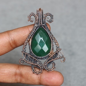 Handmade Copper Wire Wrapped Emerald Pendant: Boho Gemstone Jewelry