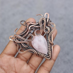 Handmade Rose Quartz Copper Wire Wrapped Pendant: Elegant Boho Jewelry