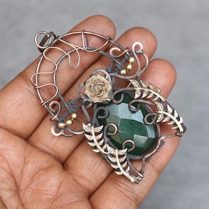 Handmade Copper Wire Wrapped Emerald Pendant: Boho Gemstone Jewelry