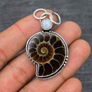 Ammonite Fossil Pendant: Moonstone Eye, 925 Sterling Silver