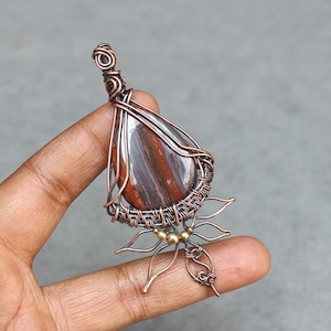 Handmade Iron Tiger Eye Pendant: Copper Wire Wrapped Boho Jewelry