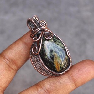Handmade Kambaba Jasper Pendant: Copper Wire Wrapped Boho Jewelry