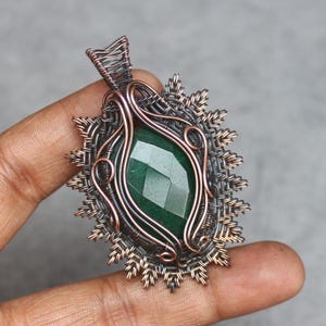 Handmade Copper Wire Wrapped Faceted Emerald Pendant - Boho Jewelry