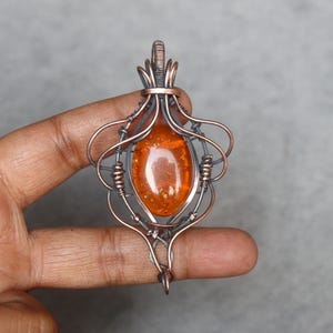 Handmade Copper Wire Wrap Pendant: Baltic Amber Gemstone Boho Jewelry