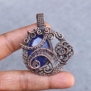 Handmade Copper Wire Wrap Pendant: Faceted Blue Sapphire, Boho Jewelry