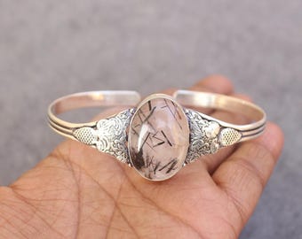 Black Rutile Handmade 925 Sterling Silver Wire Wrap Bangle: Gemstone Bangle