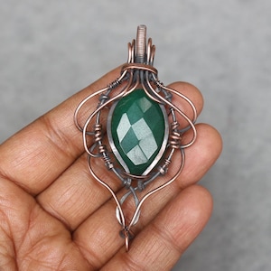 Handmade Copper Wire Wrapped Emerald Pendant: Boho Gemstone Jewelry