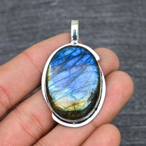 Blue Fire Labradorite Pendant: Oval Sterling Silver Gemstone