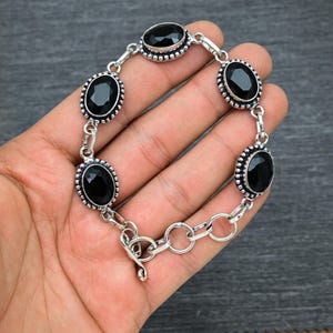 Handmade Faceted Black Onyx Bracelet: 925 Sterling Silver, 7.5 Inch
