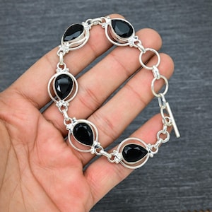 Handmade Faceted Black Onyx Bracelet: 925 Sterling Silver, 8 Inch
