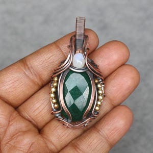 Handmade Copper Wire Wrapped Emerald Pendant: Boho Gemstone Jewelry