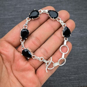 Faceted Black Onyx Bracelet: Handmade 925 Sterling Silver, 8 Inch